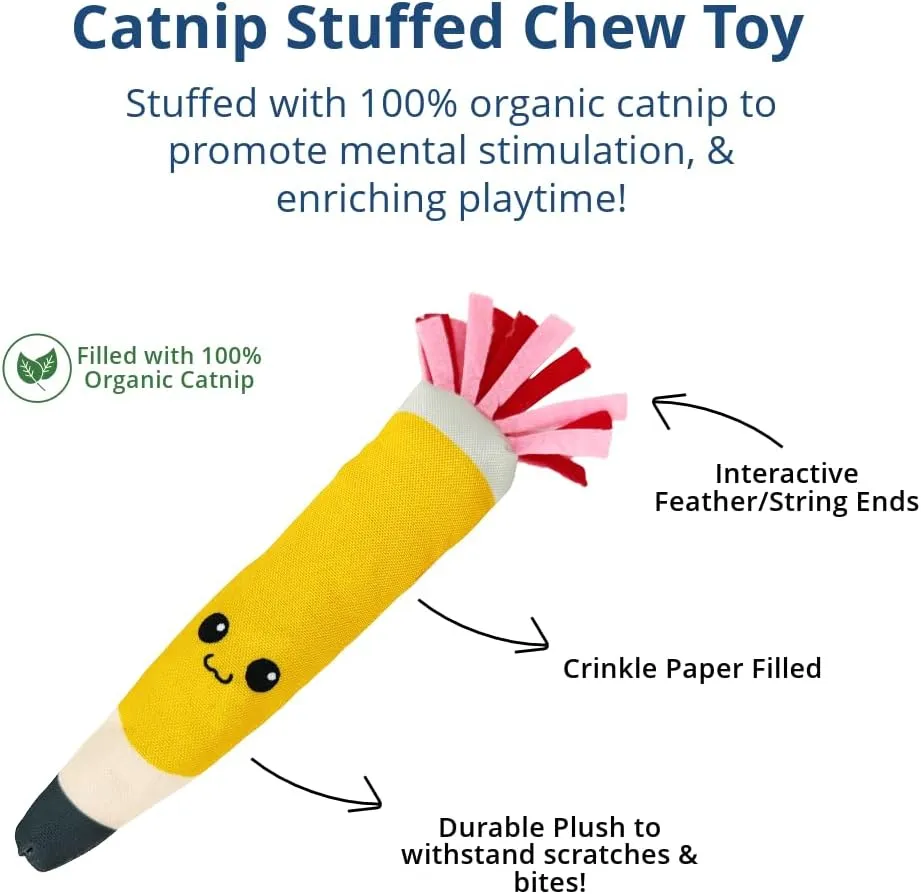 Pencil Kicker Catnip Toy w/ Long Shape & Bite Resistant Plush for Cat Chew Toy w/ Crinkle Paper & Organic Catnip