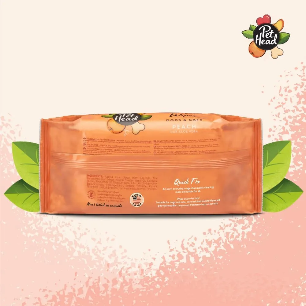 Pet Head Quick Fix Paw and Body Wipes for Cats and Dogs | Peach Scent with Aloe Vera | Biodegradable Pet Hygiene Cleaning Wipes | pH-Neutral | Vegan | for an Easy & Speedy Freshen-Up | 100 Pack