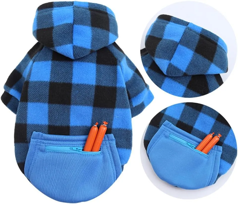 Plaid Dog Hoodie for Small Medium Large Dogs with Zipper Pocket,Fleece Dog Cat Christmas Outfit Winter Clothes,Christmas Puppy Cat Sweaters for Dogs Cats 1~90lbs(Blue,3XL)