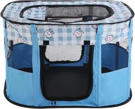 Portable Cat Cage, Pet Playpen, Indoor Foldable Dog/Cat Tent with Mesh Panels, Removable Cushion, Multiple Doors and Side Pockets, Cat Playpen (Blue)