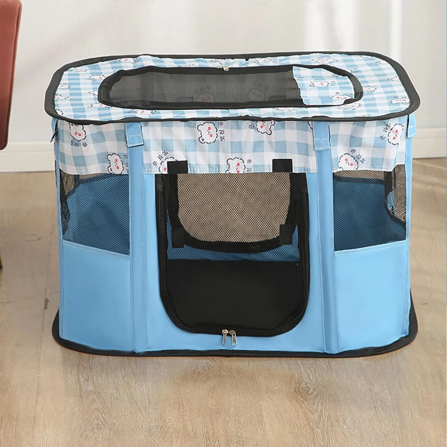 Portable Cat Cage, Pet Playpen, Indoor Foldable Dog/Cat Tent with Mesh Panels, Removable Cushion, Multiple Doors and Side Pockets, Cat Playpen (Blue)