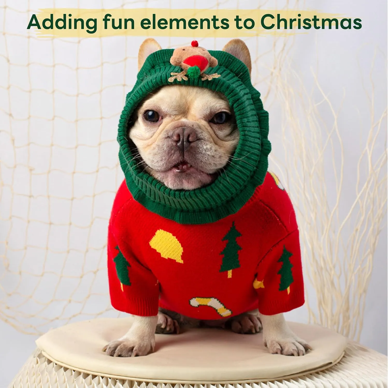 PUMYPOREITY French Bulldog Christmas Sweater, Pullover Dog Sweater with Scarf for French Bulldog, Soft Dog Christmas Outfit for Frenchie Dogs, Knitted Dog Sweaters for Cold Weather, Red, S