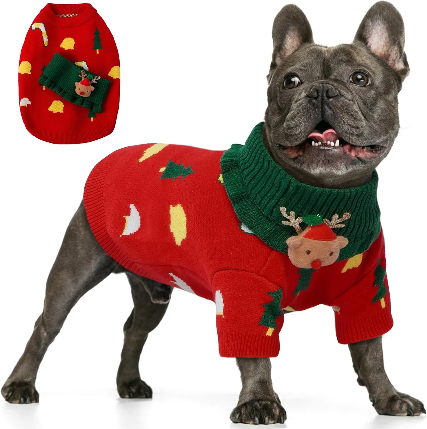 PUMYPOREITY French Bulldog Christmas Sweater, Pullover Dog Sweater with Scarf for French Bulldog, Soft Dog Christmas Outfit for Frenchie Dogs, Knitted Dog Sweaters for Cold Weather, Red, S
