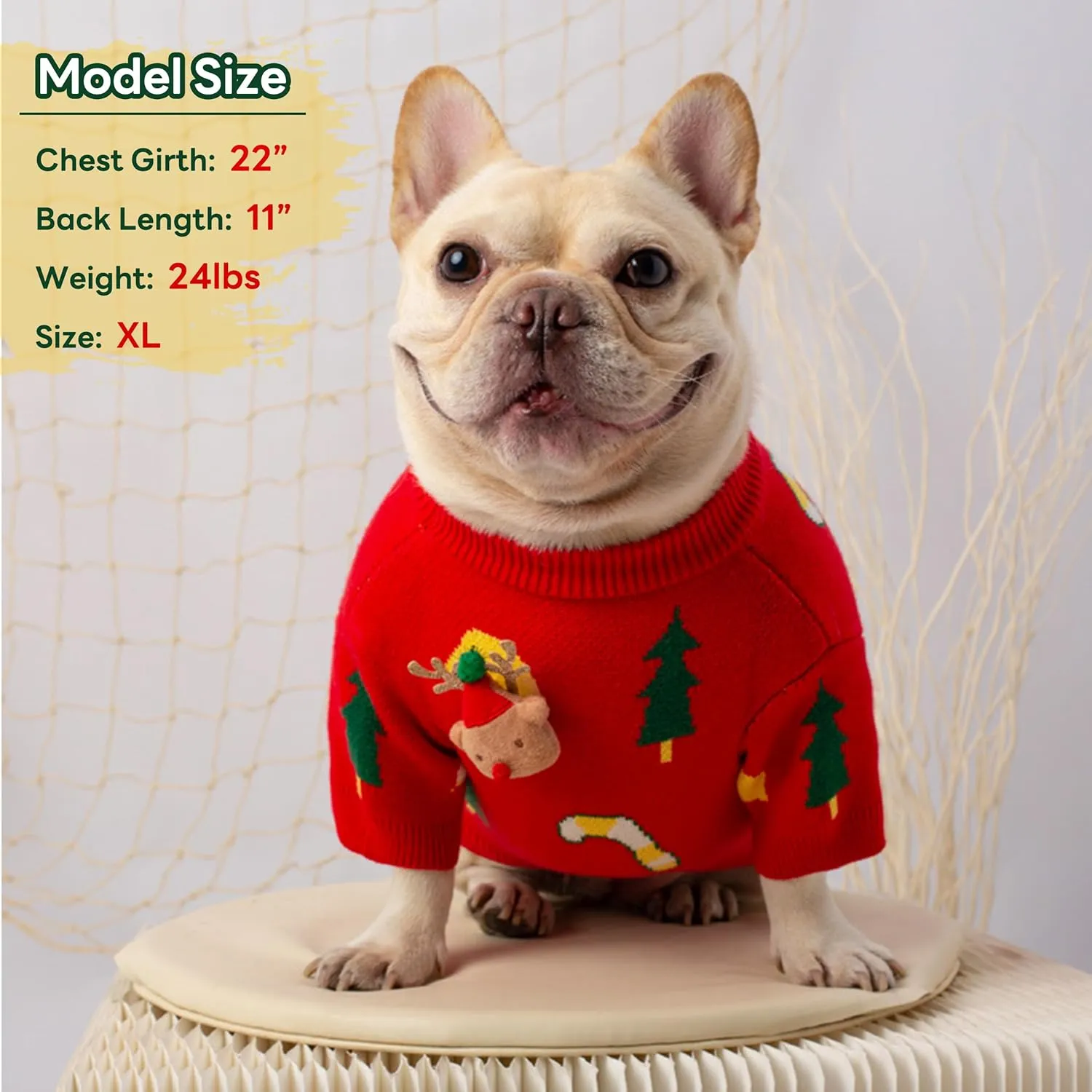 PUMYPOREITY French Bulldog Christmas Sweater, Pullover Dog Sweater with Scarf for French Bulldog, Soft Dog Christmas Outfit for Frenchie Dogs, Knitted Dog Sweaters for Cold Weather, Red, S
