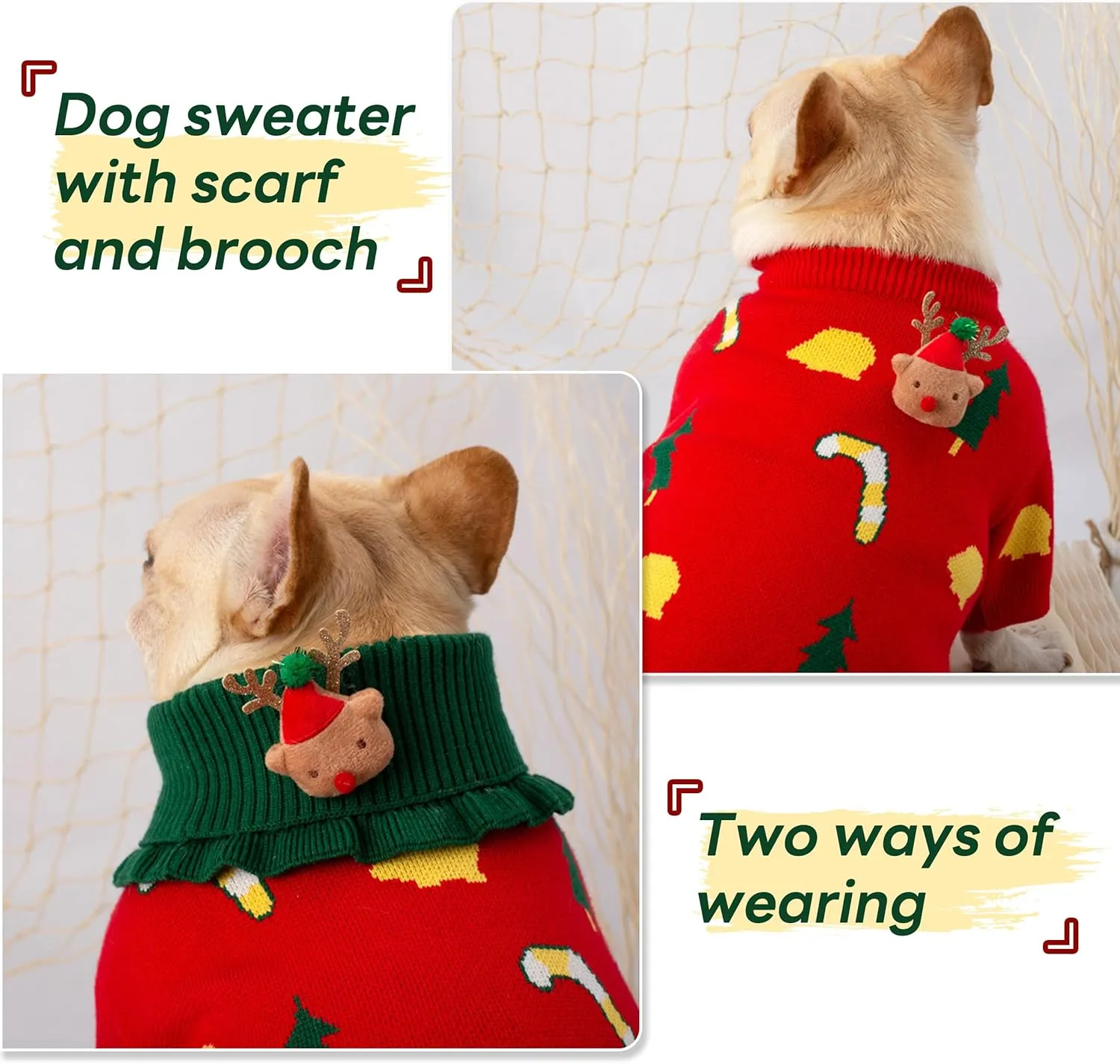 PUMYPOREITY French Bulldog Christmas Sweater, Pullover Dog Sweater with Scarf for French Bulldog, Soft Dog Christmas Outfit for Frenchie Dogs, Knitted Dog Sweaters for Cold Weather, Red, S