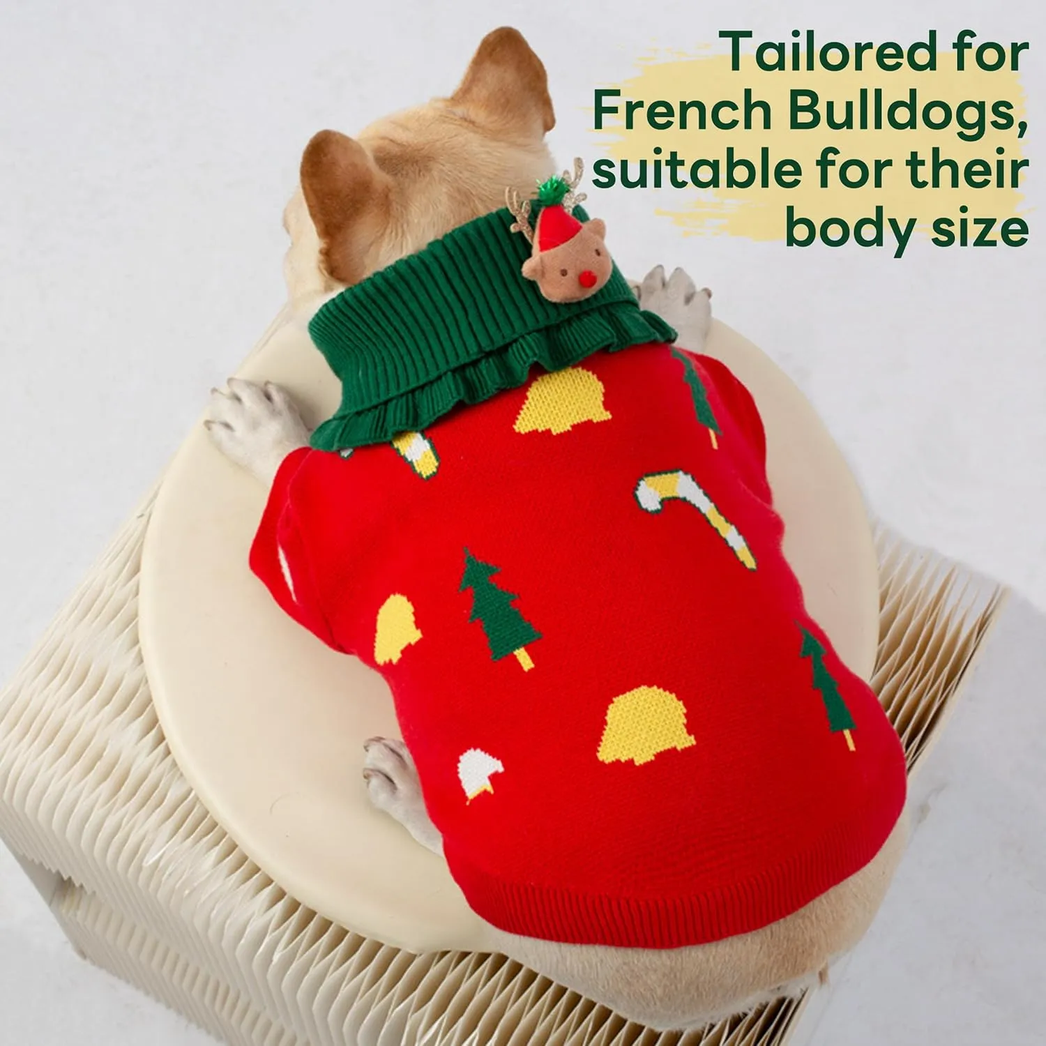 PUMYPOREITY French Bulldog Christmas Sweater, Pullover Dog Sweater with Scarf for French Bulldog, Soft Dog Christmas Outfit for Frenchie Dogs, Knitted Dog Sweaters for Cold Weather, Red, S