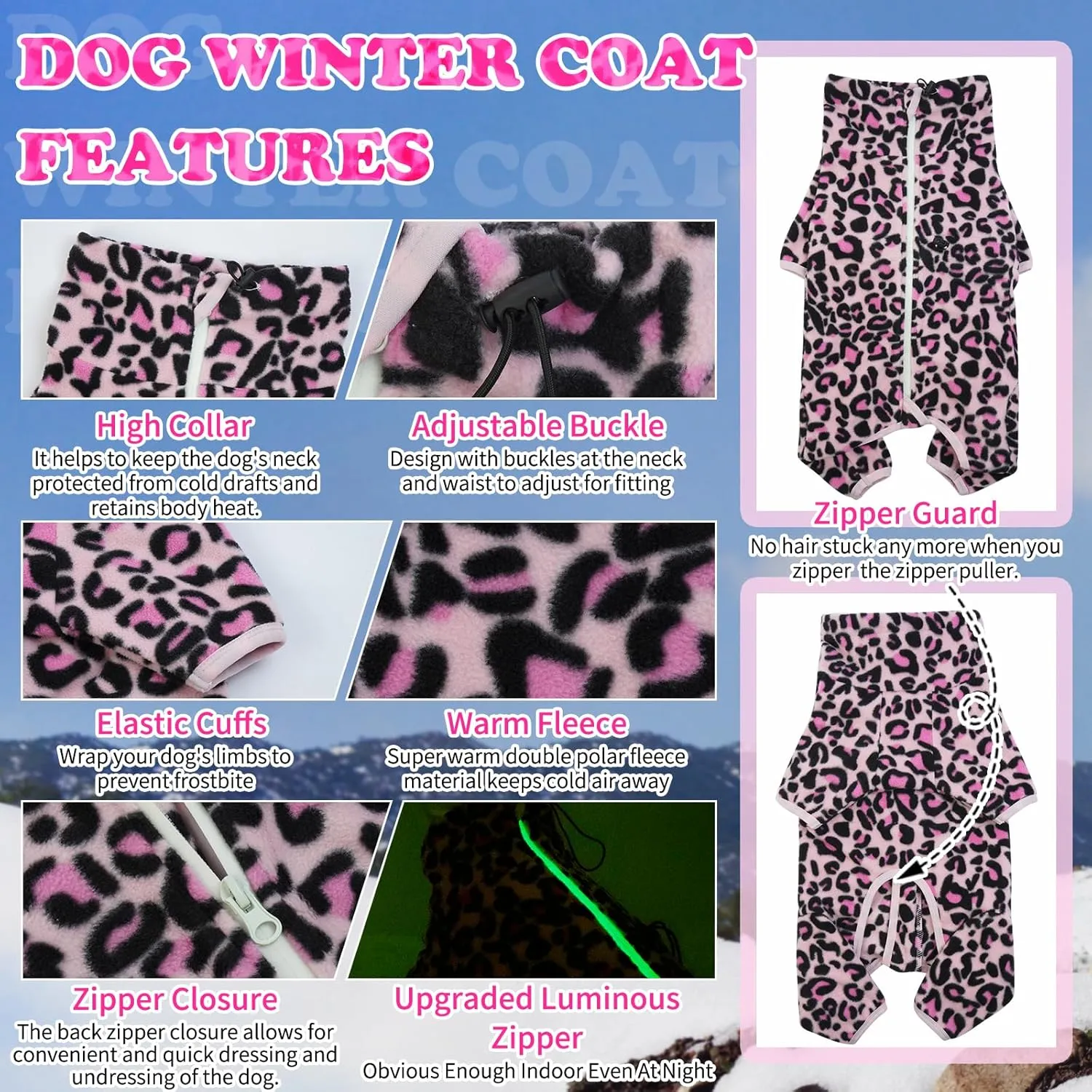 ROZKITCH Dog Winter Coat Soft Fleece Pullover Pajamas, Pet Windproof Warm Cold Weather Jacket Vest with Luminous Zipper, Jumpsuit Apparel Outfit Clothes for Small Medium Large Dog L-Pink 3XL