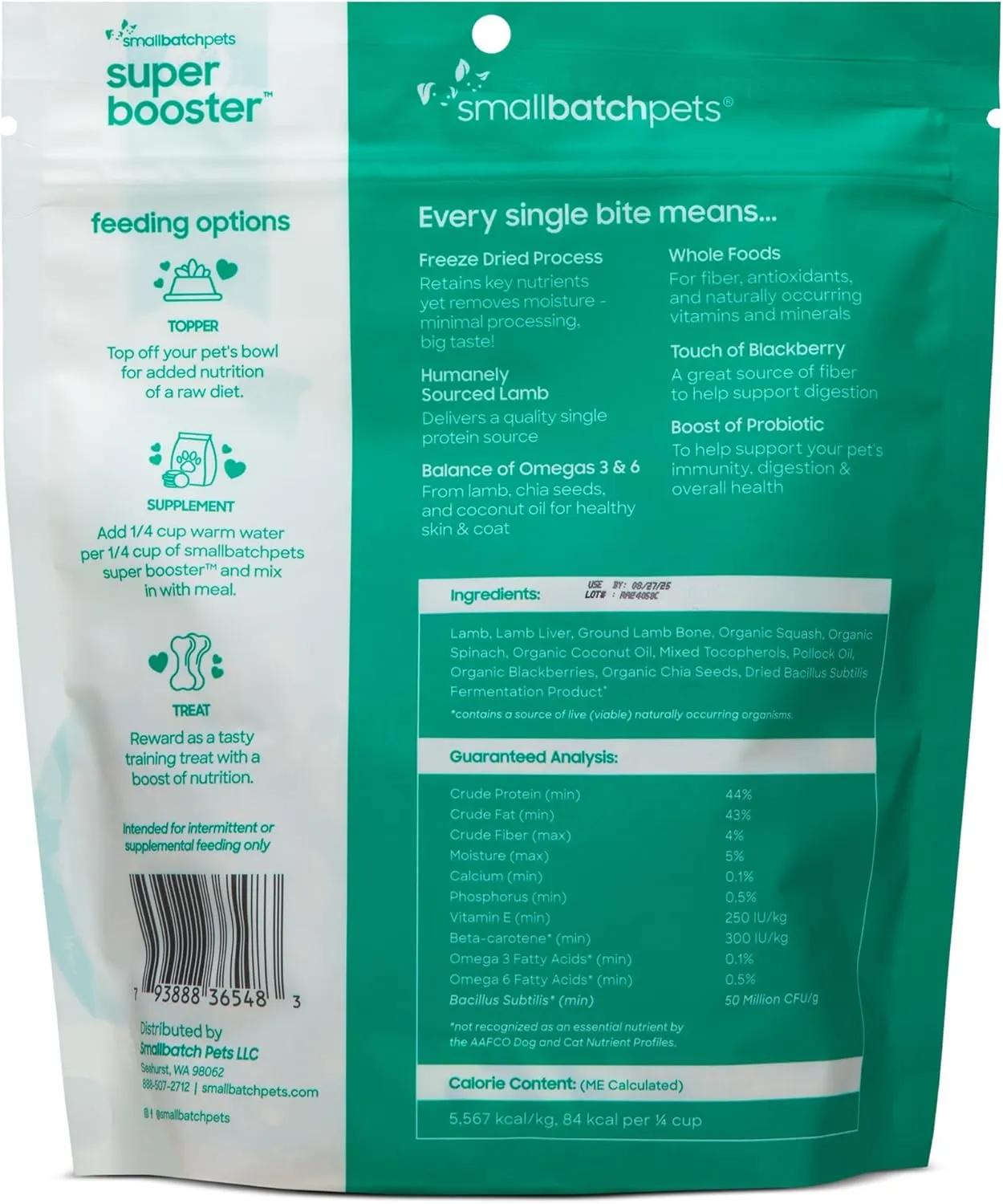 smallbatch Pets Freeze Dried Dog Treats & Cat Treats, 7 oz, Lamb Treat Bites, Probiotics, Organic Vegetables, Fruits, Digestive Health Skin & Coat Support Food Topper, Made in The USA, Humanely Raised