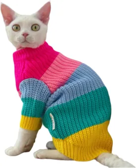 Sphynx Cat Clothes, Colorful Knitted Sweater for Sphynx and Hairless Cat Breeds, Warm Winter Clothes for Cornish Rex and Devon Rex (L(5.5-8 lbs))