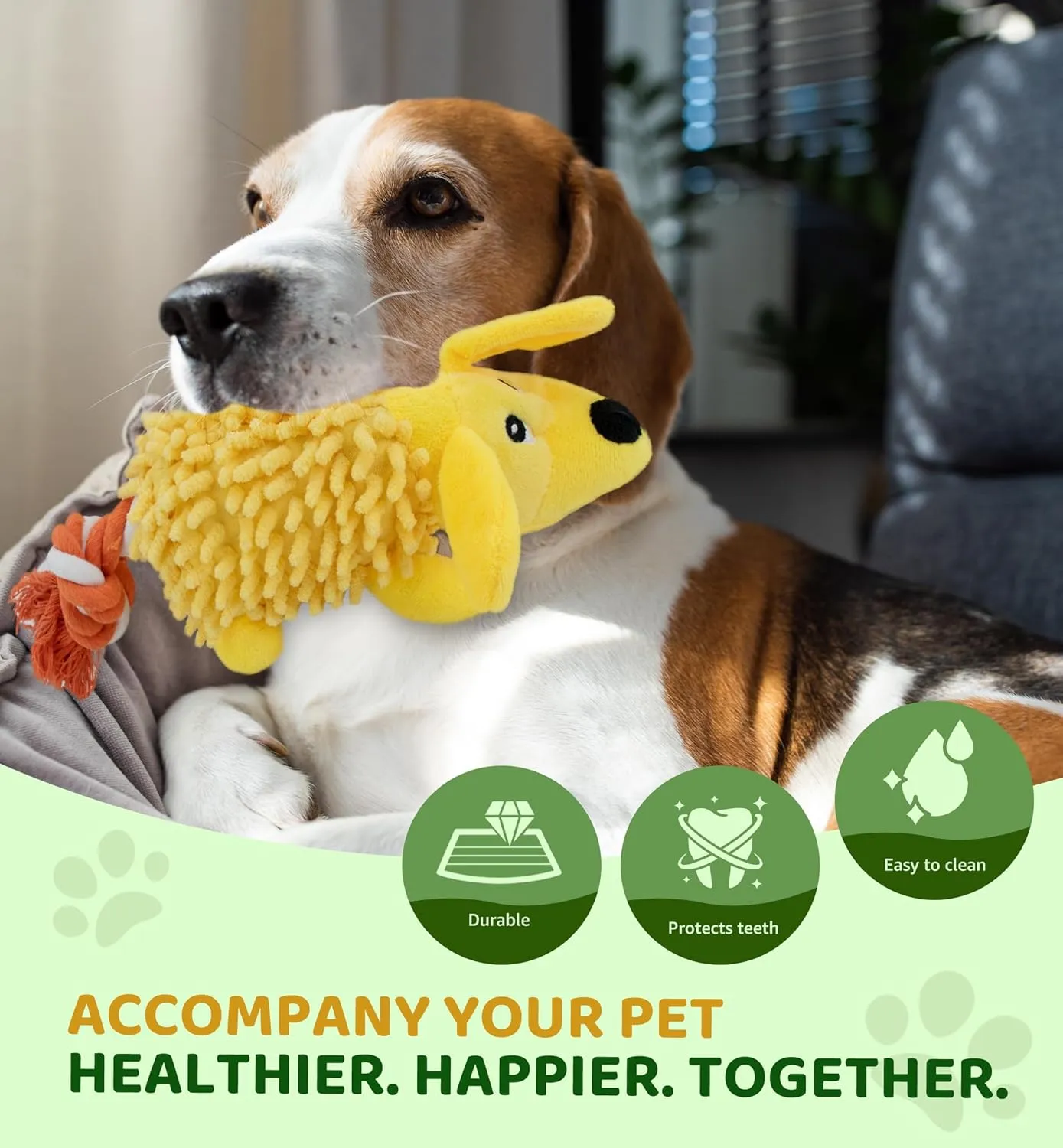 Squeaky Dog Toys - Plush Dog Toys with Soft Durable Fabric for Small Medium Large Breeds, Interactive Tug of War Rope Chew Toys, Teeth Cleaning, Dental Care, and Keep Dogs Busy (Puppy-Yellow)