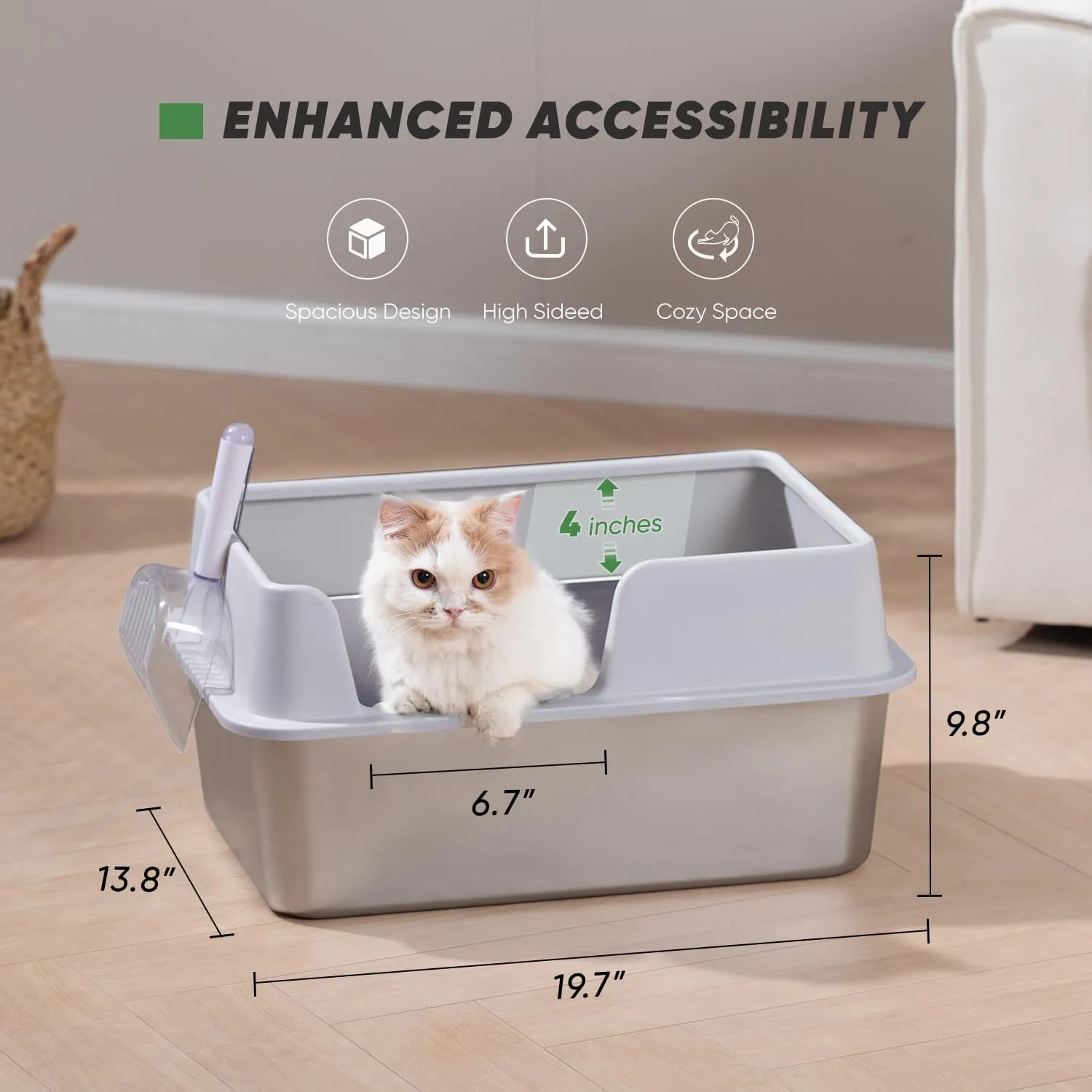 Stainless Steel Cat Litter Box with Scoop, Large Litter Box with High Sided Walls, Durable Metal Kitty Box with Enclosure, Odorless, No Leakage, Easy to Clean (Grey)