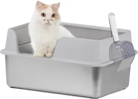 Stainless Steel Cat Litter Box with Scoop, Large Litter Box with High Sided Walls, Durable Metal Kitty Box with Enclosure, Odorless, No Leakage, Easy to Clean (Grey)