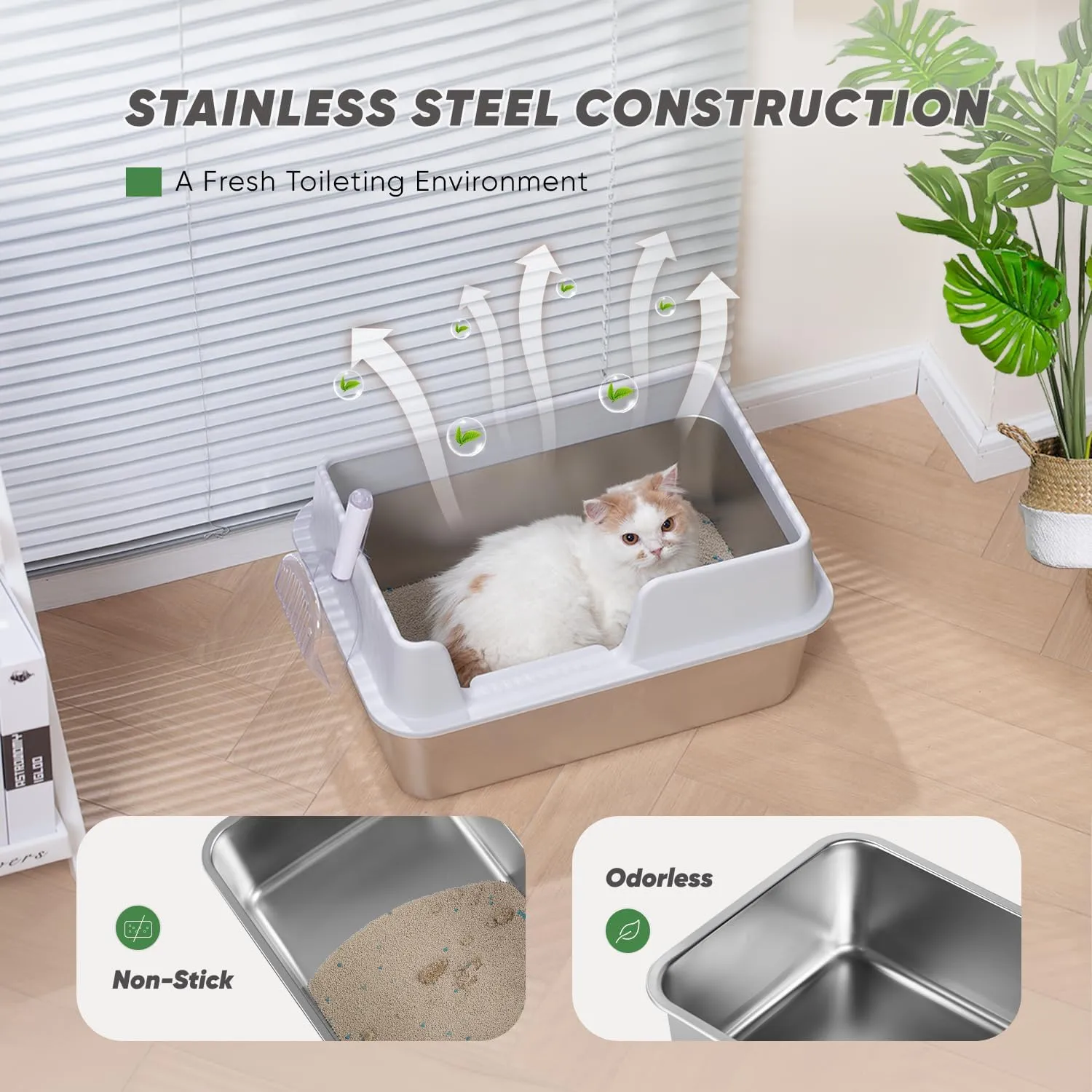Stainless Steel Cat Litter Box with Scoop, Large Litter Box with High Sided Walls, Durable Metal Kitty Box with Enclosure, Odorless, No Leakage, Easy to Clean (Grey)