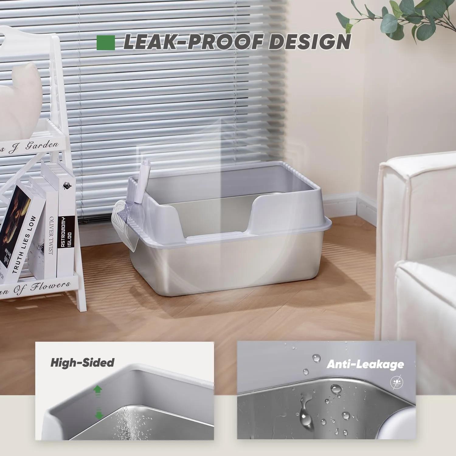 Stainless Steel Cat Litter Box with Scoop, Large Litter Box with High Sided Walls, Durable Metal Kitty Box with Enclosure, Odorless, No Leakage, Easy to Clean (Grey)