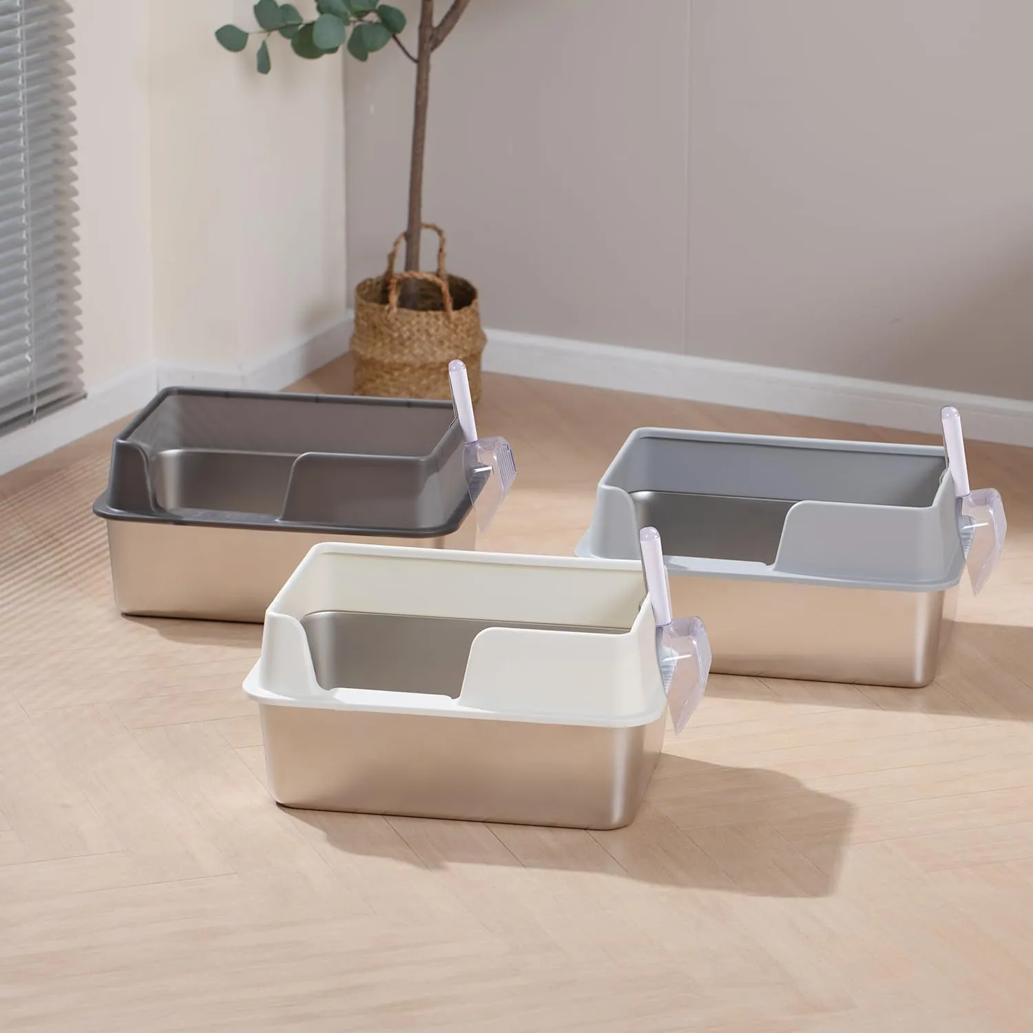 Stainless Steel Cat Litter Box with Scoop, Large Litter Box with High Sided Walls, Durable Metal Kitty Box with Enclosure, Odorless, No Leakage, Easy to Clean (Grey)