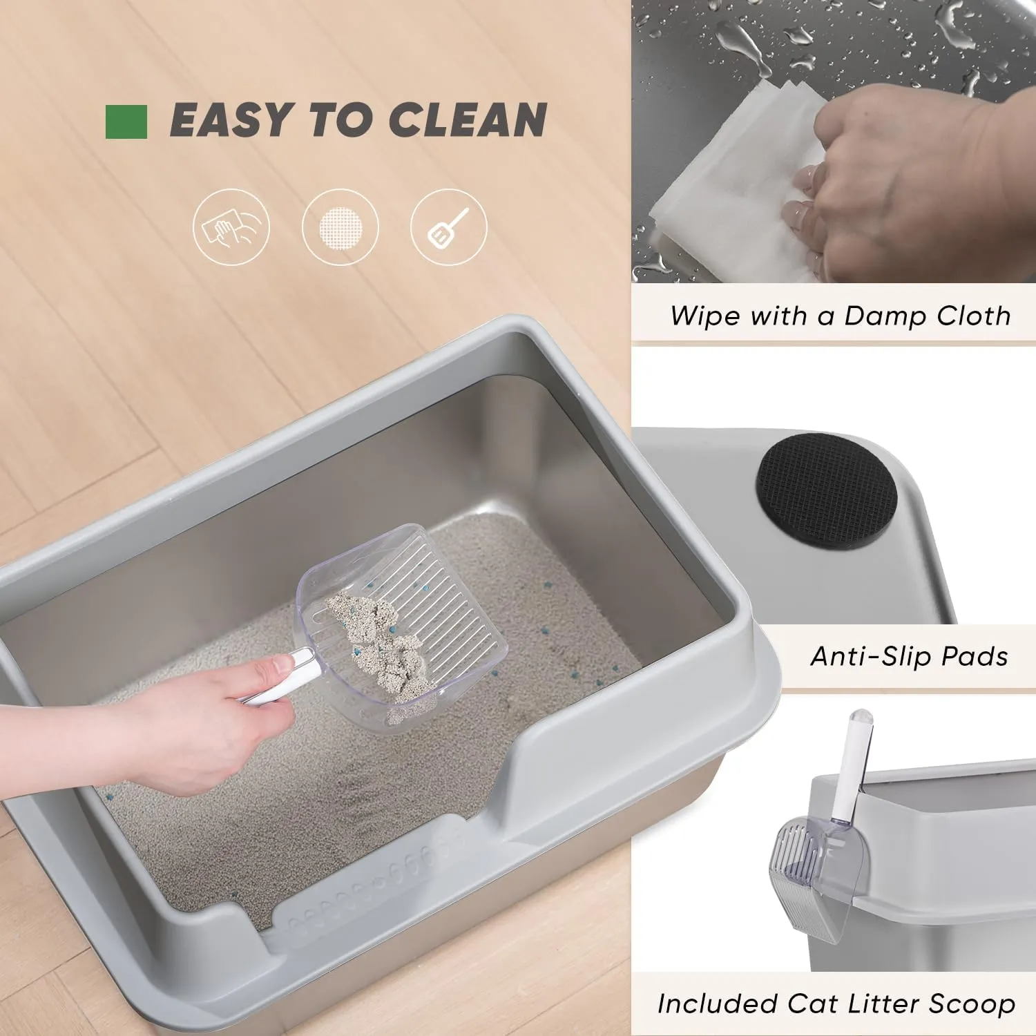Stainless Steel Cat Litter Box with Scoop, Large Litter Box with High Sided Walls, Durable Metal Kitty Box with Enclosure, Odorless, No Leakage, Easy to Clean (Grey)
