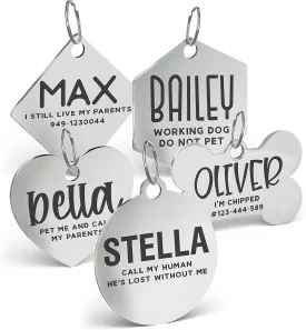 Stainless Steel Pet ID Tags, Double Sided Engraving - Personalized Pet Tags for Dogs and Cats with Name, Phone Number, Address, Up to 5 Lines of Custom Text - 5 Shapes - Hook Ring Included, Bone