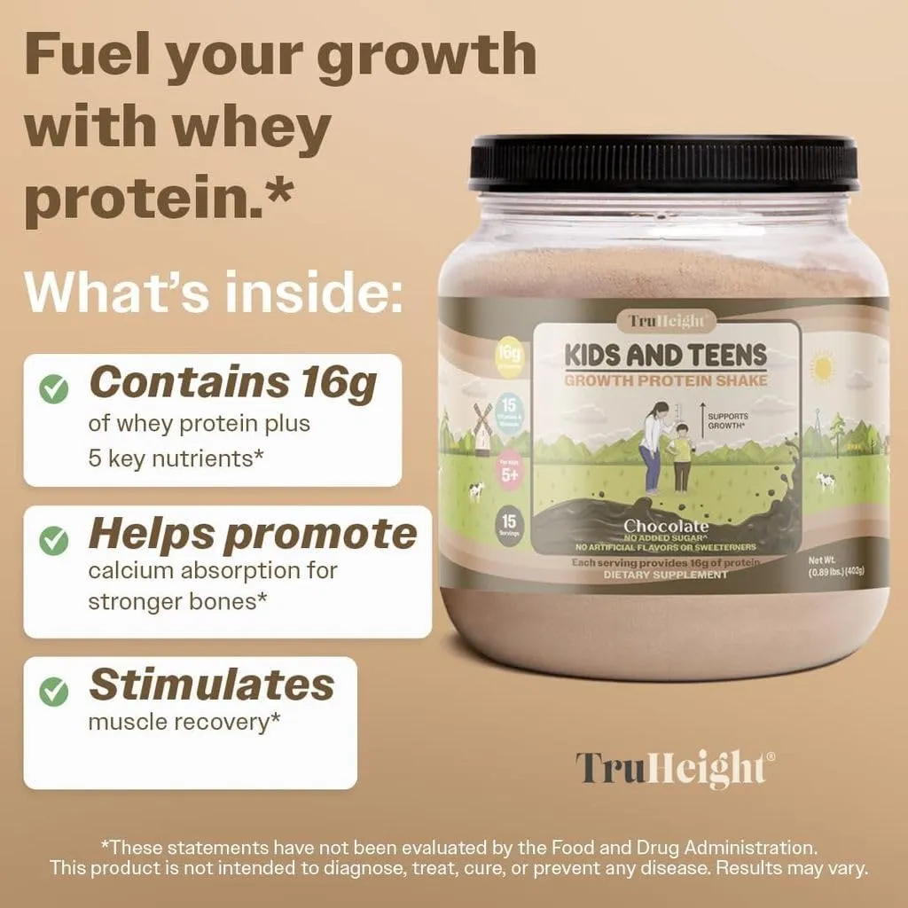 TruHeight Growth Protein Shake (Chocolate Milk Flavor, Whey) Natural Growth & Development Protein Powder for Kids & Teens - Weight Gain Drinks - Endorsed by Pediatricians, Picky Eater Vitamin, Ages 5 