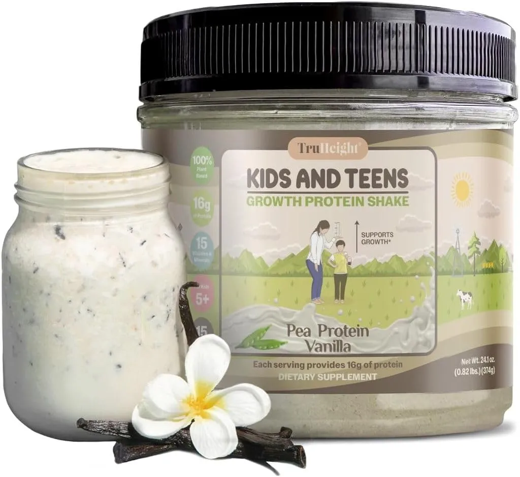 TruHeight Growth Protein Shake (Vanilla Ice Cream Flavor, Plant) Growth & Development Protein Powder for Kids & Teens - Weight Gain Drinks - Endorsed by Pediatricians, Picky Eater Vitamin, Ages 5 