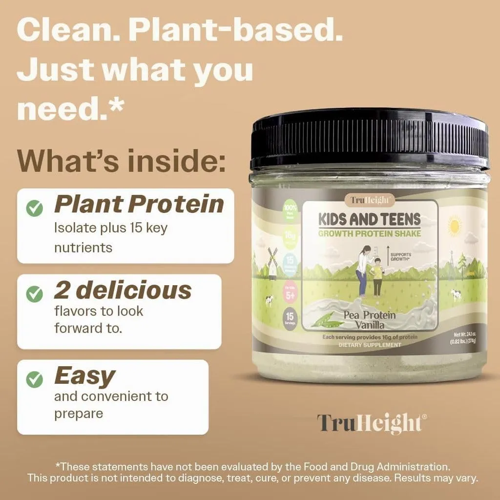 TruHeight Growth Protein Shake (Vanilla Ice Cream Flavor, Plant) Growth & Development Protein Powder for Kids & Teens - Weight Gain Drinks - Endorsed by Pediatricians, Picky Eater Vitamin, Ages 5 
