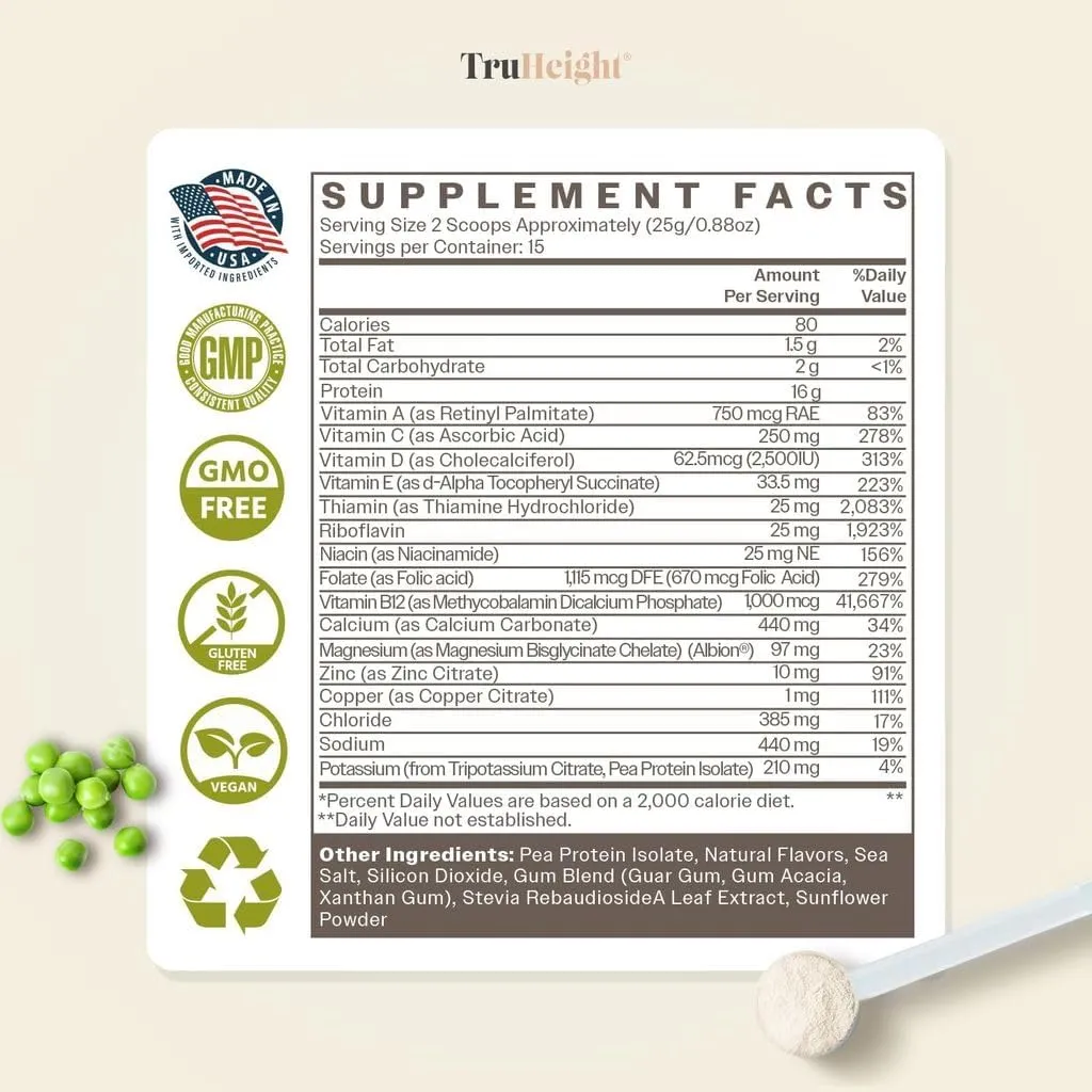 TruHeight Growth Protein Shake (Vanilla Ice Cream Flavor, Plant) Growth & Development Protein Powder for Kids & Teens - Weight Gain Drinks - Endorsed by Pediatricians, Picky Eater Vitamin, Ages 5 