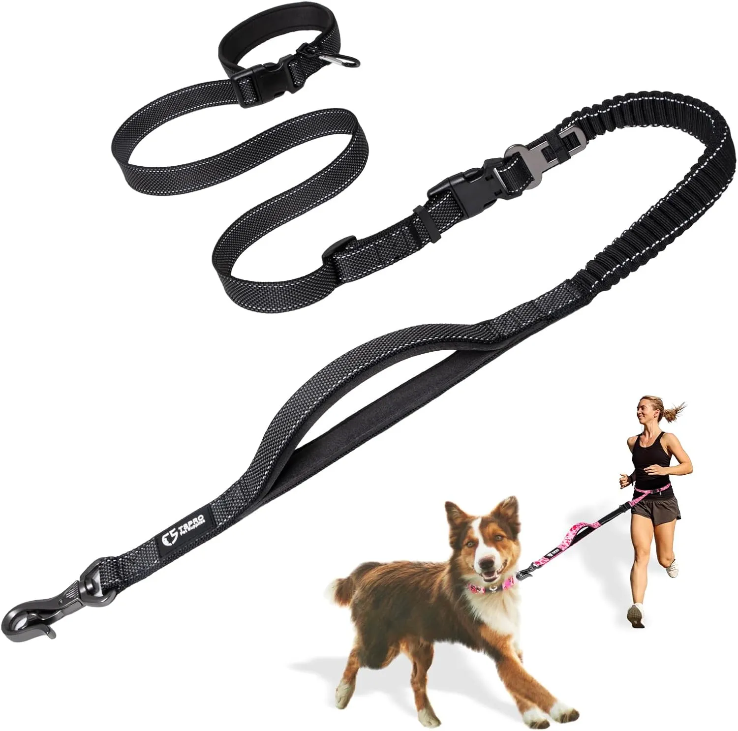 TSPRO Hands Free Dog Leash for Walking Running with Safety Car Seat Belt Shock Absorbing Bungee Leash with Padded Handle (Black)