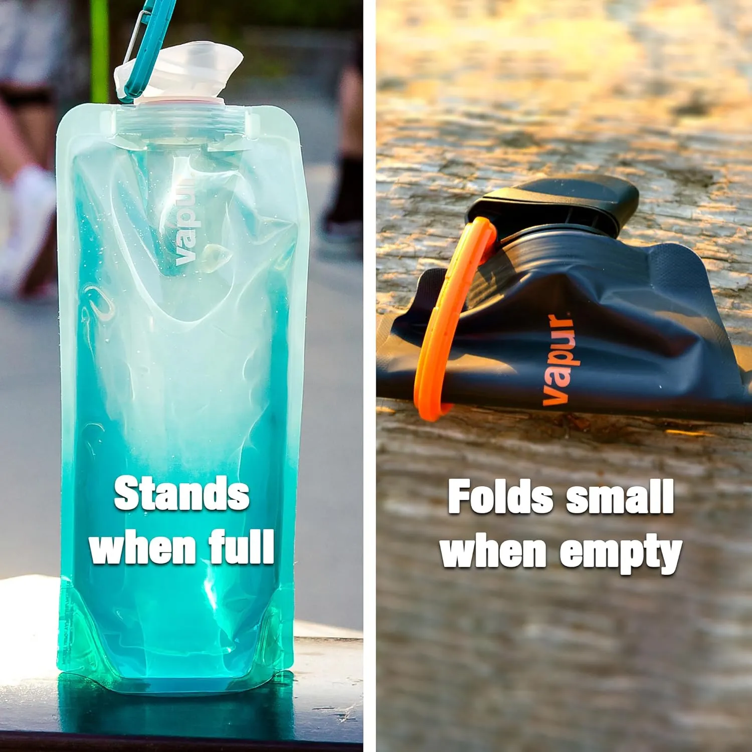 Vapur Collapsible Water Bottle With Carabiner, Compact Bottle Folds Flat For Hydration On The Go, Ideal for Traveling, Hiking or Camping, 23 Ounce, Fire, Pack of 1