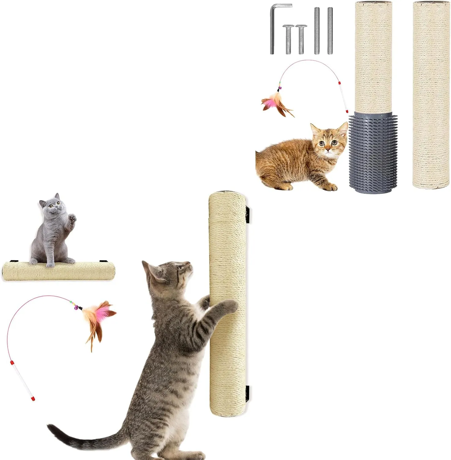 Wall Cat Scratcher Post with Cat Scratching Post Replacement Pole Refill 16in M8 Cats Tower Replacement Parts with Self Groomer Massager Spare Jute Kitty Tree Refurbishment Accessories