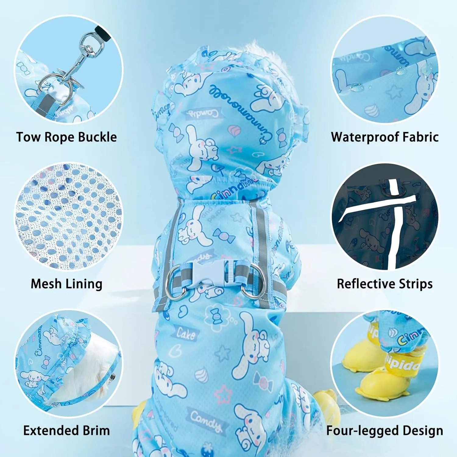 Waterproof Dog Raincoat, Adjustable 4-Legged Dog Rain Jacket with Hood and Leash Hole Reflective Lightweight Outdoor Rain Poncho Gear for Dogs Suitable for Small and Medium Dogs(Bule,X-Large)