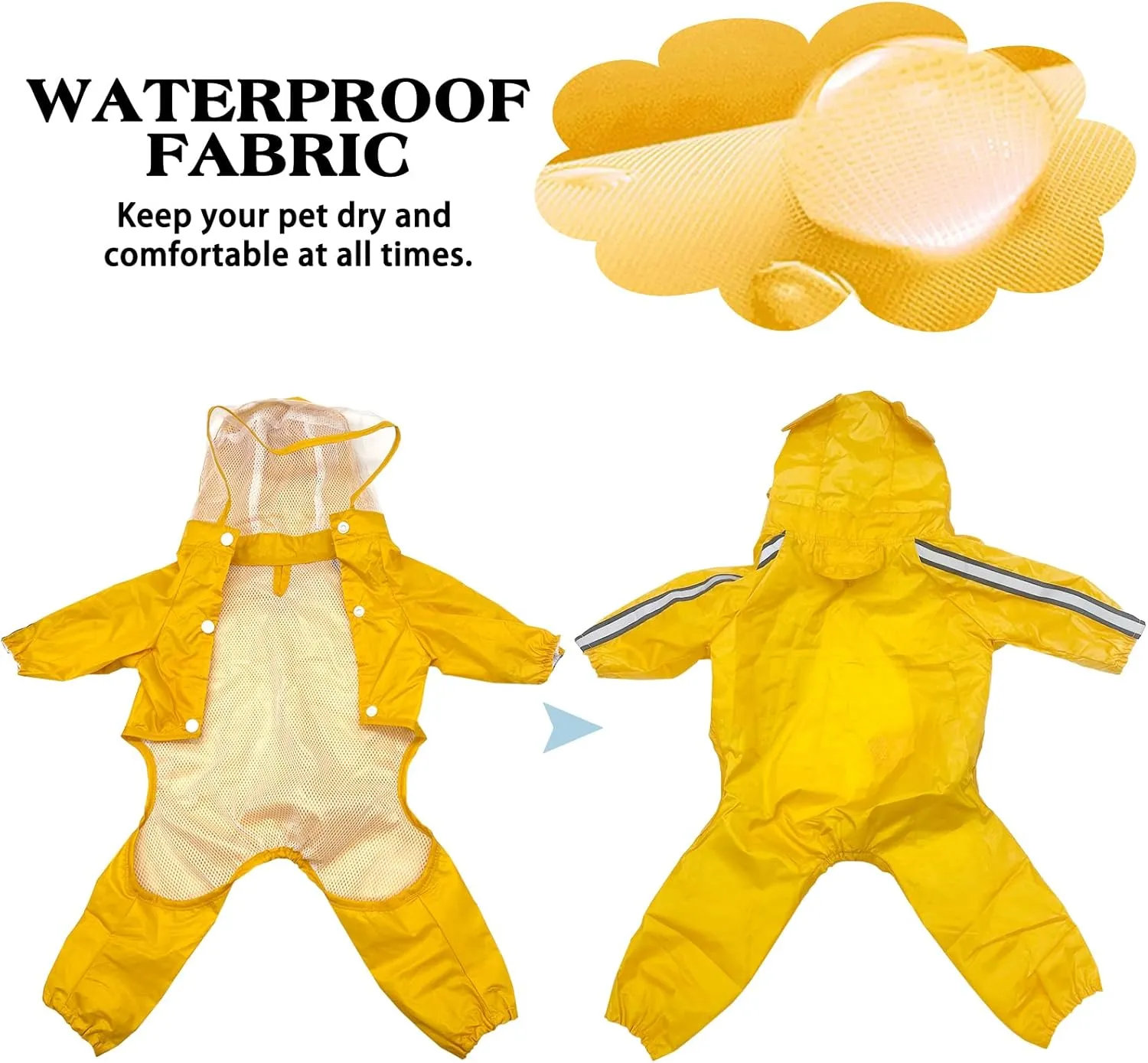 Waterproof Dog Raincoat, Adjustable 4-Legged Dog Rain Jacket with Hood and Leash Hole Reflective Lightweight Outdoor Rain Poncho Gear for Dogs Suitable for Small and Medium Dogs(Yellow-X-Large)