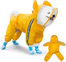 Waterproof Dog Raincoat, Adjustable 4-Legged Dog Rain Jacket with Hood and Leash Hole Reflective Lightweight Outdoor Rain Poncho Gear for Dogs Suitable for Small and Medium Dogs(Yellow-X-Large)