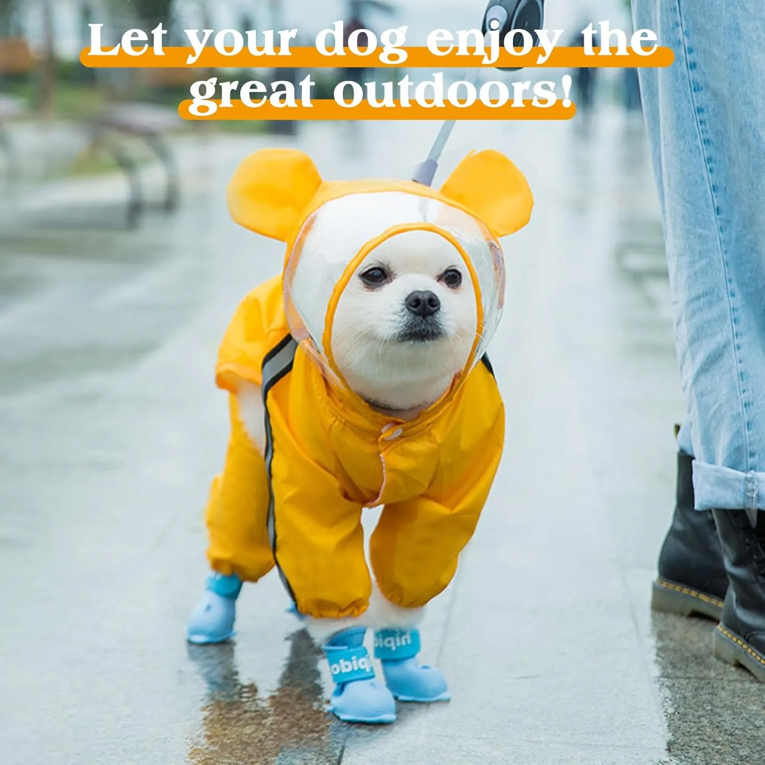 Waterproof Dog Raincoat, Adjustable 4-Legged Dog Rain Jacket with Hood and Leash Hole Reflective Lightweight Outdoor Rain Poncho Gear for Dogs Suitable for Small and Medium Dogs(Yellow-X-Large)