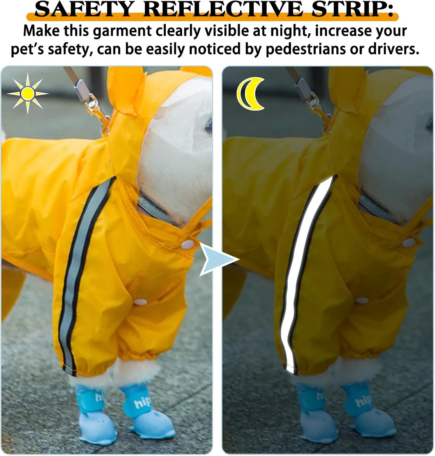 Waterproof Dog Raincoat, Adjustable 4-Legged Dog Rain Jacket with Hood and Leash Hole Reflective Lightweight Outdoor Rain Poncho Gear for Dogs Suitable for Small and Medium Dogs(Yellow-X-Large)