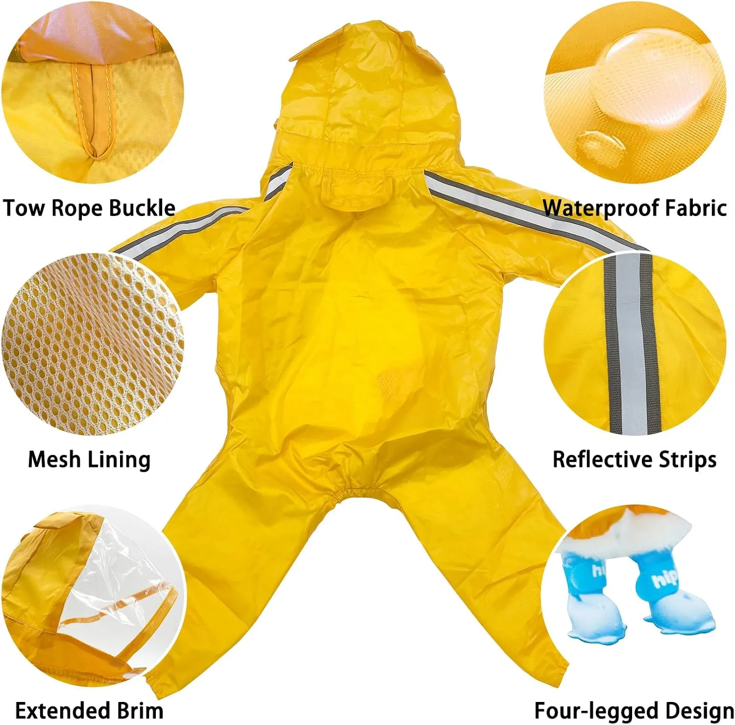 Waterproof Dog Raincoat, Adjustable 4-Legged Dog Rain Jacket with Hood and Leash Hole Reflective Lightweight Outdoor Rain Poncho Gear for Dogs Suitable for Small and Medium Dogs(Yellow-X-Large)